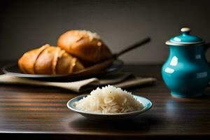 une bol de riz et une théière sur une tableau. généré par ai photo