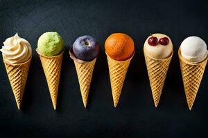 cinq différent la glace crème cônes avec différent les saveurs. généré par ai photo