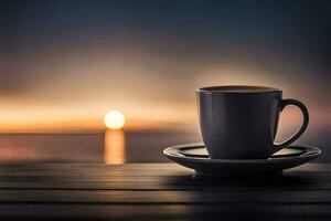 café tasse sur une table avec le Soleil réglage derrière il. généré par ai photo