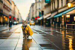 une chat portant une Jaune imperméable en marchant vers le bas une rue. généré par ai photo