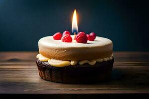 une anniversaire gâteau avec une bougie sur Haut. généré par ai photo