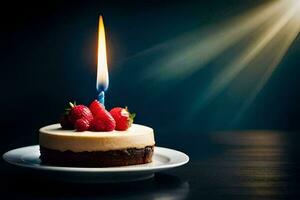 une petit gâteau avec des fraises et une allumé bougie. généré par ai photo