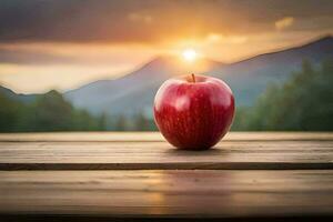 rouge Pomme sur une en bois table avec montagnes dans le Contexte. généré par ai photo