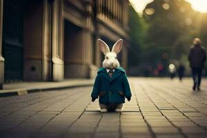 une lapin portant une costume et attacher des stands sur une rue. généré par ai photo