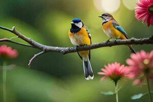 deux coloré des oiseaux séance sur une branche avec rose fleurs. généré par ai photo