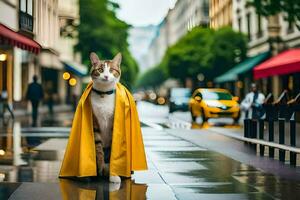 une chat portant une Jaune imperméable sur une pluvieux journée. généré par ai photo