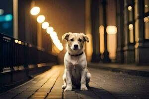 une chien séance sur une brique passerelle à nuit. généré par ai photo