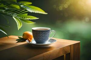 une tasse de thé sur une en bois tableau. généré par ai photo