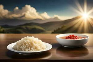 le riz et sauce sont sur le table dans de face de le montagnes. généré par ai photo