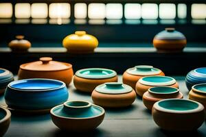 une collection de coloré céramique boules et vases. généré par ai photo