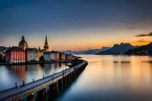 une magnifique le coucher du soleil plus de le ville de Lucerne. généré par ai photo