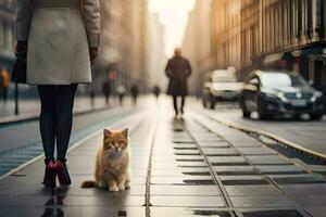 une femme et une chat en marchant vers le bas une ville rue. généré par ai photo