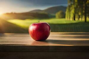 un Pomme est assis sur une table dans de face de une champ. généré par ai photo