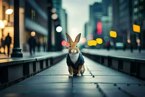 une lapin dans une costume permanent sur une rue. généré par ai photo