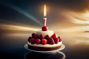 une anniversaire gâteau avec des fraises et une allumé bougie. généré par ai photo