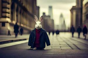 une lapin portant une manteau et attacher permanent dans le milieu de une ville rue. généré par ai photo