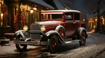 classique ancien voiture garé à l'extérieur le de façon festive Noël décoré magasins. génératif ai. photo