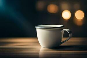 une café tasse séance sur une table dans de face de une floue Contexte. généré par ai photo