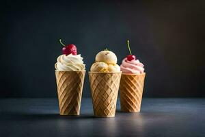 Trois la glace crème cônes avec cerises sur une foncé Contexte. généré par ai photo