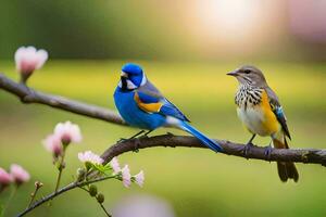 deux coloré des oiseaux séance sur une branche avec fleurs. généré par ai photo