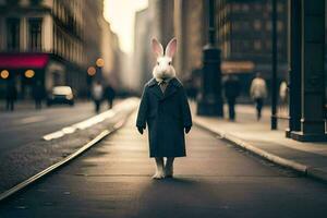 une lapin dans une manteau et attacher permanent sur une ville rue. généré par ai photo