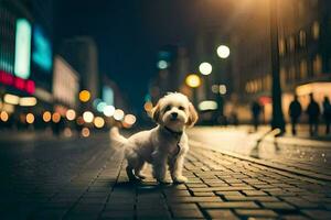 une petit blanc chien permanent sur une brique route à nuit. généré par ai photo