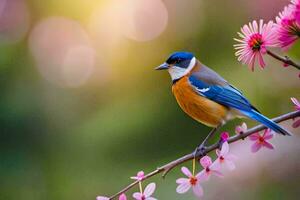 une bleu et blanc oiseau est assis sur une branche avec rose fleurs. généré par ai photo