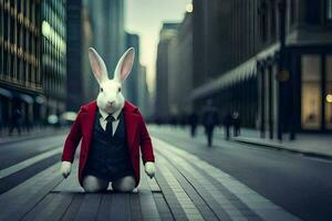 une lapin habillé dans une costume et attacher est assis sur le rue. généré par ai photo