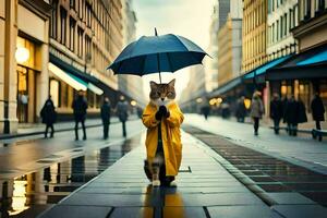 une chat dans une imperméable en portant un parapluie. généré par ai photo