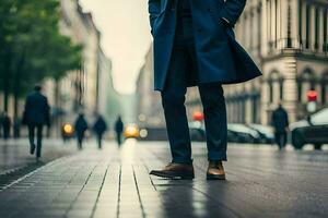 une homme dans une bleu manteau permanent sur une rue. généré par ai photo