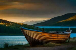 une bateau est assis sur le rive de une Lac à le coucher du soleil. généré par ai photo