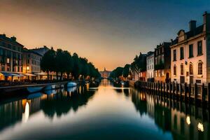 une canal à le coucher du soleil avec bâtiments et bateaux. généré par ai photo