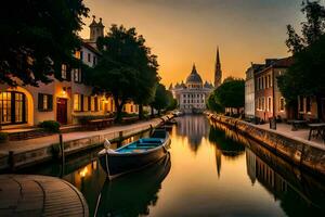 une canal dans le milieu de une ville à le coucher du soleil. généré par ai photo