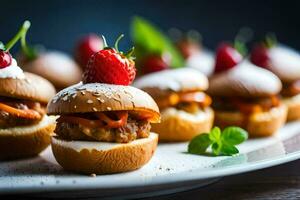 mini curseurs avec des fraises et crème sur une plaque. généré par ai photo