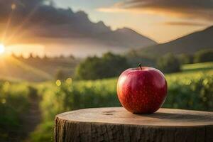 un Pomme est assis sur une souche dans de face de une le coucher du soleil. généré par ai photo