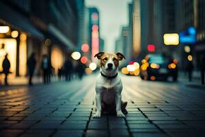 une chien séance sur le rue dans une ville. généré par ai photo