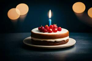 une anniversaire gâteau avec une Célibataire bougie. généré par ai photo