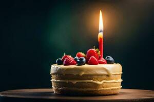 une anniversaire gâteau avec baies et une Célibataire bougie. généré par ai photo