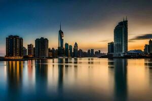 le horizon de Dubai à le coucher du soleil. généré par ai photo