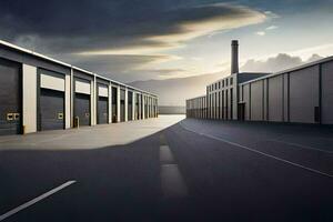 une grand entrepôt avec deux grand des portes et une ciel. généré par ai photo