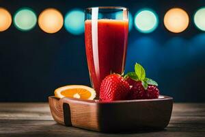 une verre de jus avec des fraises et des oranges sur une en bois tableau. généré par ai photo