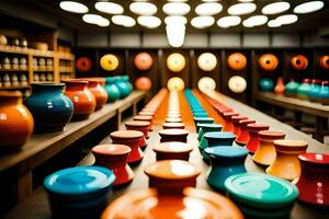 coloré des vases sont doublé en haut dans une chambre. généré par ai photo