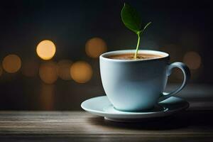 une café tasse avec une plante croissance en dehors de il. généré par ai photo