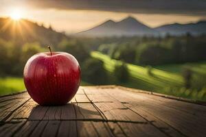 un Pomme est assis sur une en bois table dans de face de une le coucher du soleil. généré par ai photo