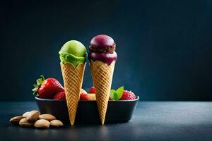 Trois la glace crème cônes avec des fraises et des noisettes. généré par ai photo