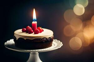 une anniversaire gâteau avec une Célibataire bougie. généré par ai photo