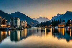 une magnifique le coucher du soleil plus de le Lac dans Genève. généré par ai photo