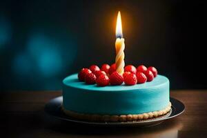 une bleu anniversaire gâteau avec une Célibataire bougie. généré par ai photo