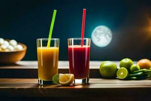 deux des lunettes de jus avec pailles sur une tableau. généré par ai photo