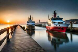 deux bateaux amarré à le fin de une Dock. généré par ai photo
